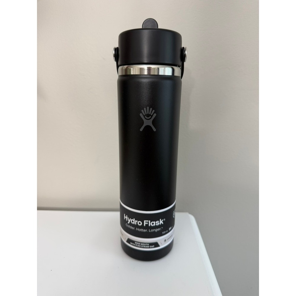 Hydro Flask Water Bottle Unisex 24 oz Black Wide Mouth Flex Straw Cap NWT